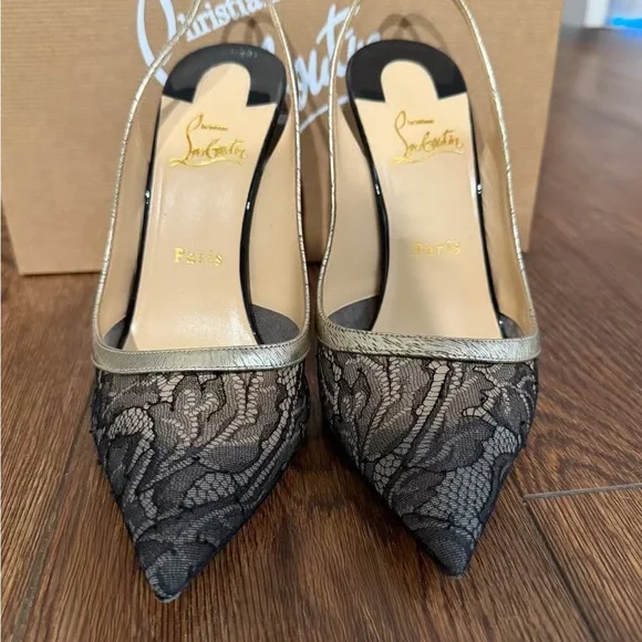 Christian Louboutin Black Lace and Metallic Gold Slingback Pumps - Picture 7 of 11